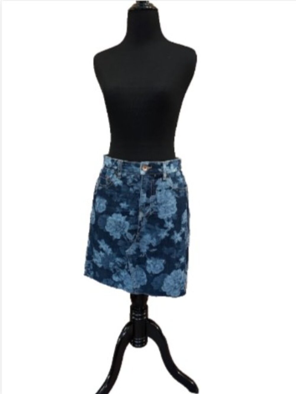 Anne Klein Haiti Floral Denim Mini Skirt 4 High Rise Raw Hem Stretch Blue NWOT